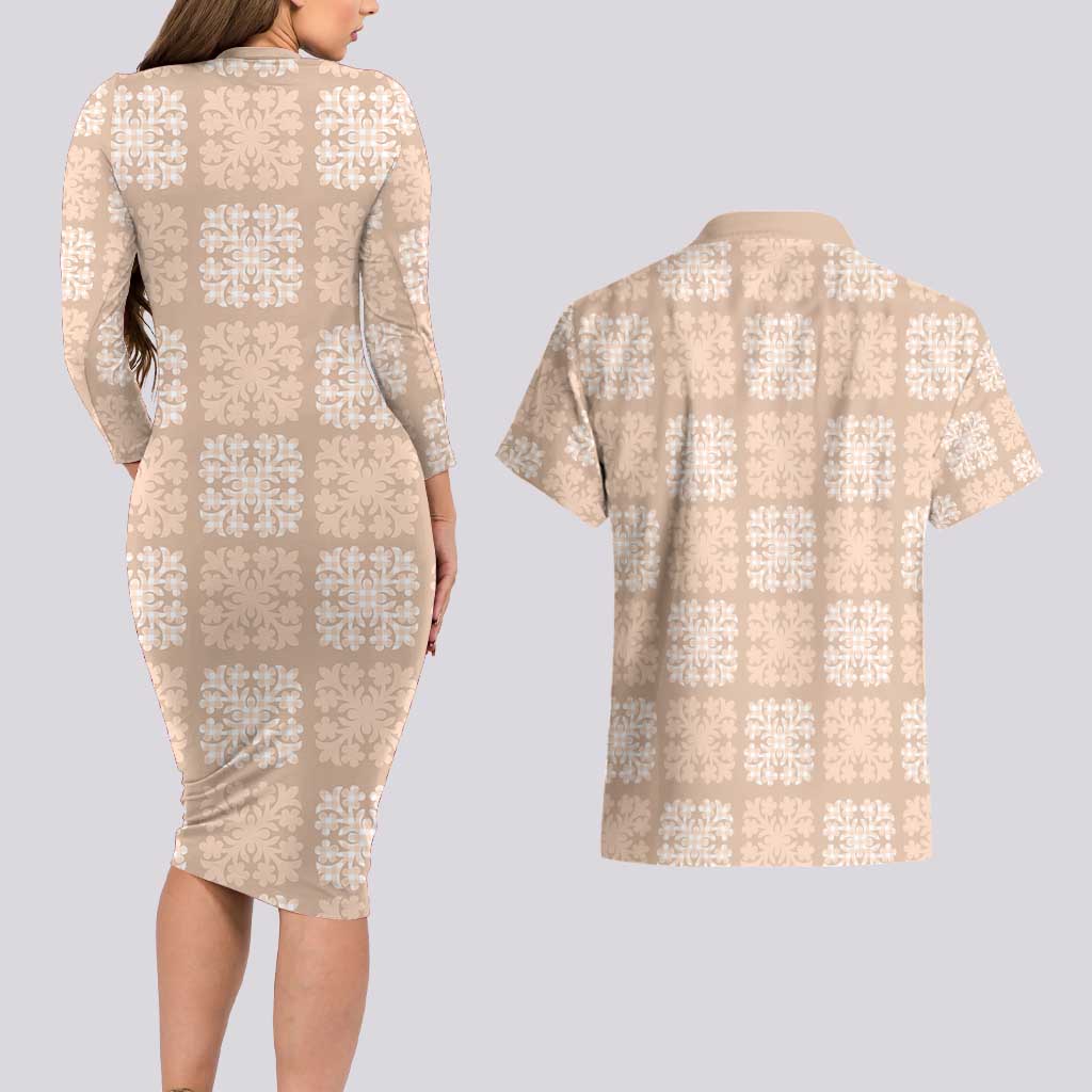 Beige Palaka Quilt Hawaii Couples Matching Long Sleeve Bodycon Dress and Hawaiian Shirt Traditional Hawaii-plaid Pattern - Polynesian Pride