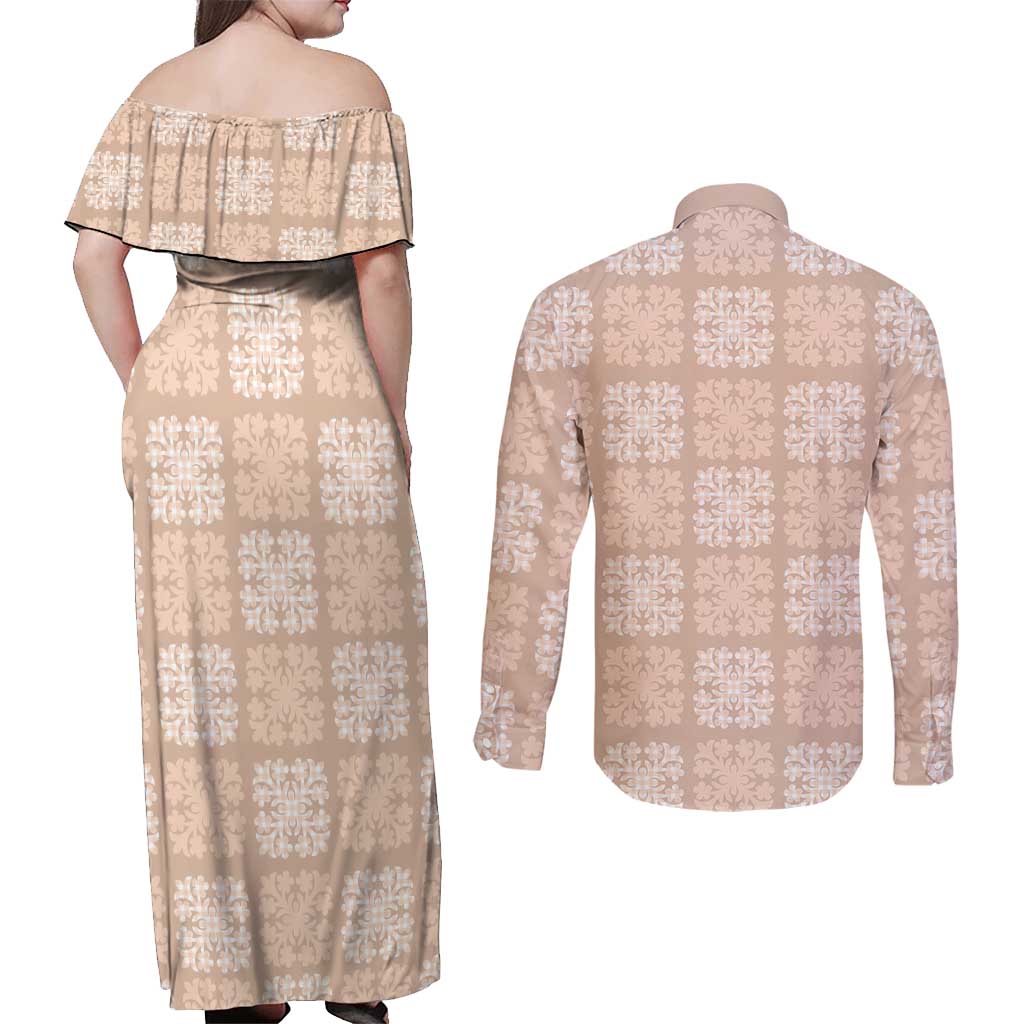 Beige Palaka Quilt Hawaii Couples Matching Off Shoulder Maxi Dress and Long Sleeve Button Shirt Traditional Hawaii-plaid Pattern - Polynesian Pride