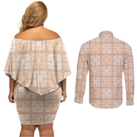 Beige Palaka Quilt Hawaii Couples Matching Off Shoulder Short Dress and Long Sleeve Button Shirt Traditional Hawaii-plaid Pattern - Polynesian Pride