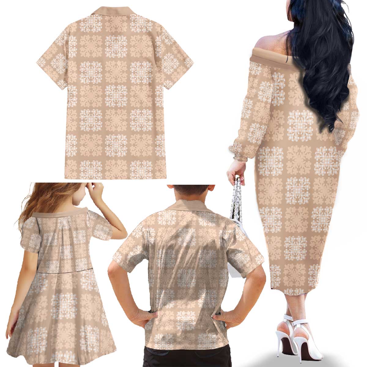 Beige Palaka Quilt Hawaii Family Matching Off The Shoulder Long Sleeve Dress and Hawaiian Shirt Traditional Hawaii-plaid Pattern - Polynesian Pride