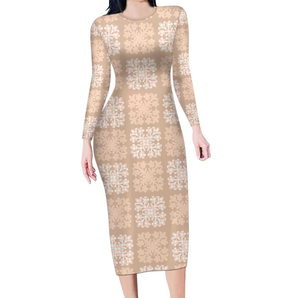 Beige Palaka Quilt Hawaii Long Sleeve Bodycon Dress Traditional Hawaii-plaid Pattern - Polynesian Pride