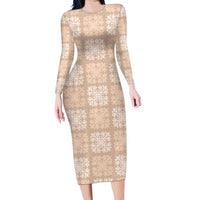 Beige Palaka Quilt Hawaii Long Sleeve Bodycon Dress Traditional Hawaii-plaid Pattern - Polynesian Pride