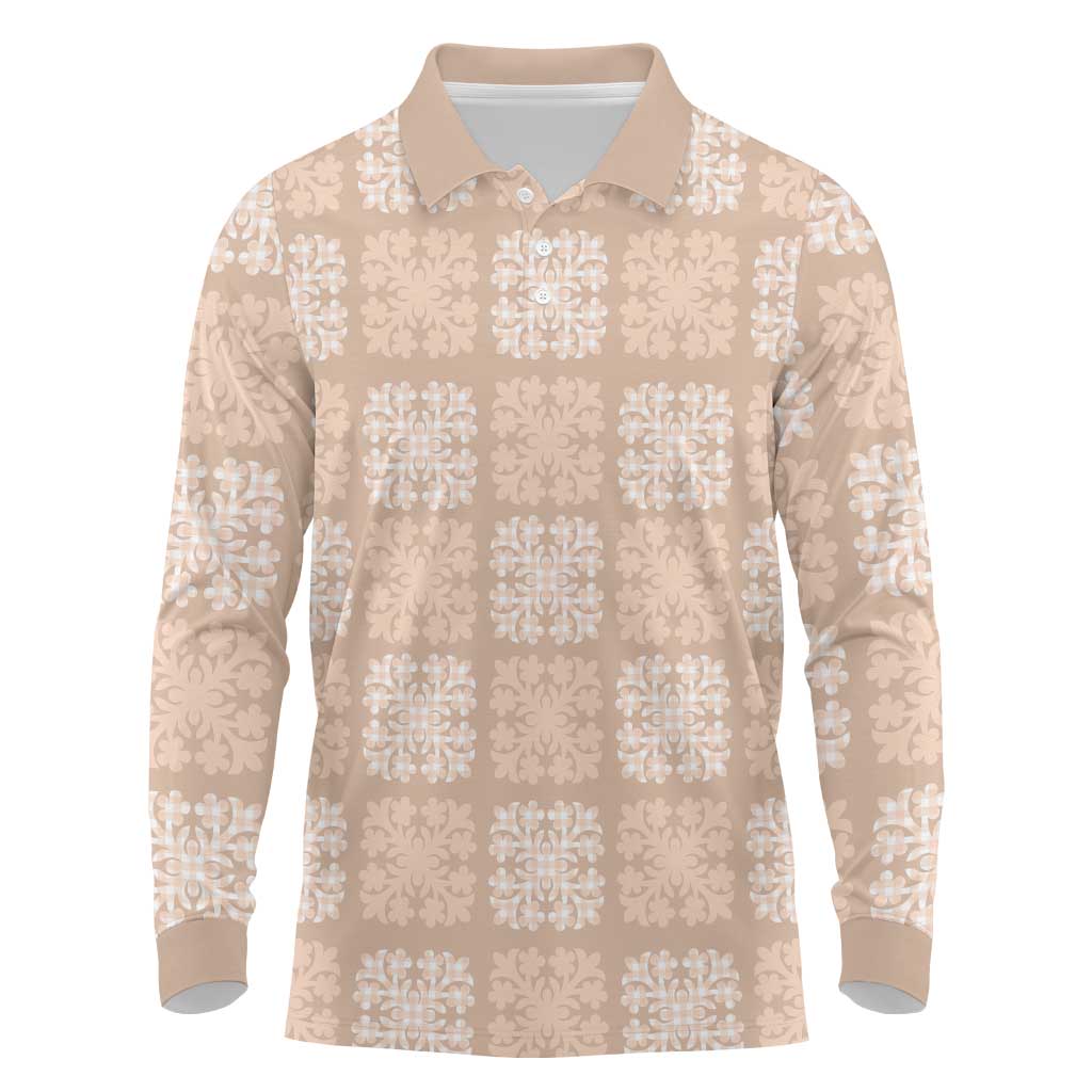 Beige Palaka Quilt Hawaii Long Sleeve Polo Shirt Traditional Hawaii-plaid Pattern - Polynesian Pride