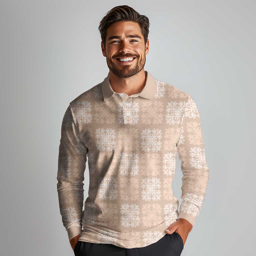 Beige Palaka Quilt Hawaii Long Sleeve Polo Shirt Traditional Hawaii-plaid Pattern - Polynesian Pride