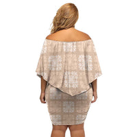 Beige Palaka Quilt Hawaii Off Shoulder Short Dress Traditional Hawaii-plaid Pattern - Polynesian Pride