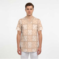 Beige Palaka Quilt Hawaii Scrub Top Traditional Hawaii-plaid Pattern - Polynesian Pride