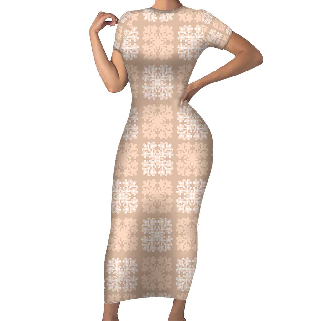 Beige Palaka Quilt Hawaii Short Sleeve Bodycon Dress Traditional Hawaii-plaid Pattern - Polynesian Pride