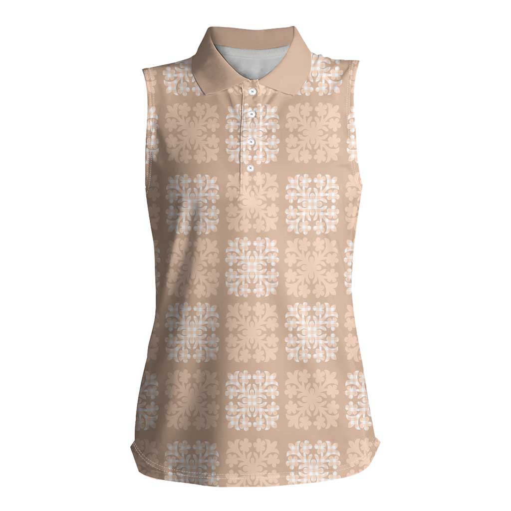 Beige Palaka Quilt Hawaii Women Sleeveless Polo Shirt Traditional Hawaii-plaid Pattern - Polynesian Pride
