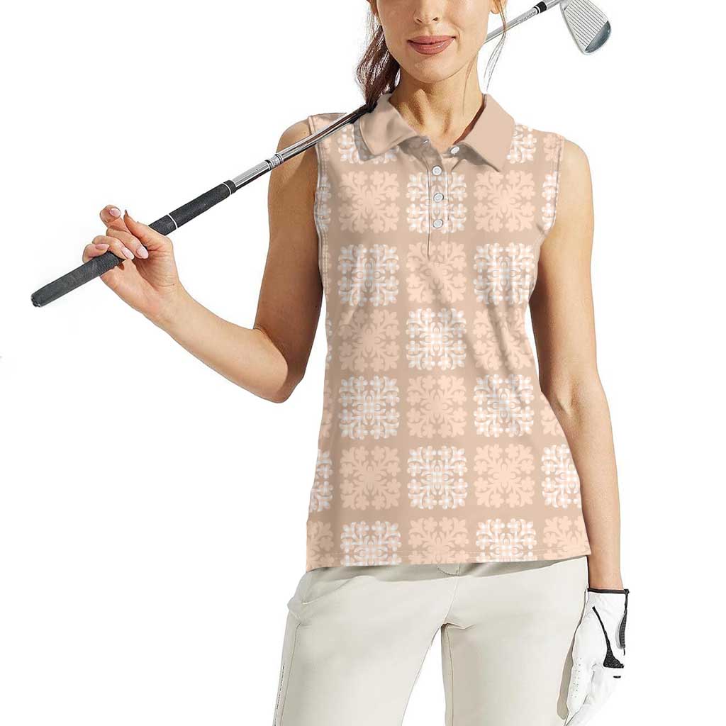 Beige Palaka Quilt Hawaii Women Sleeveless Polo Shirt Traditional Hawaii-plaid Pattern - Polynesian Pride