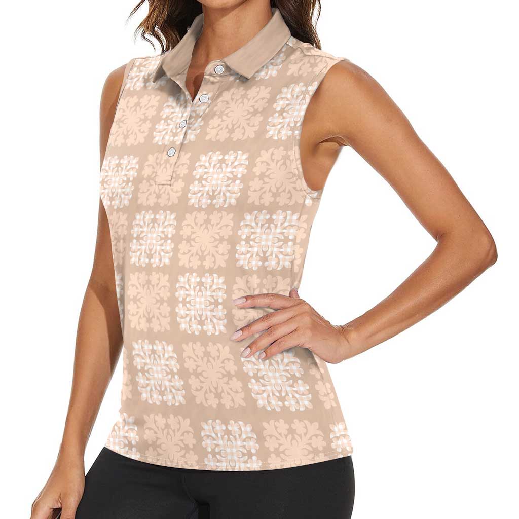 Beige Palaka Quilt Hawaii Women Sleeveless Polo Shirt Traditional Hawaii-plaid Pattern - Polynesian Pride