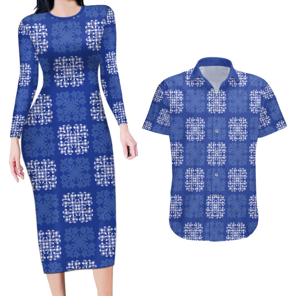 Royal Blue Palaka Quilt Hawaii Couples Matching Long Sleeve Bodycon Dress and Hawaiian Shirt Traditional Hawaii-plaid Pattern - Polynesian Pride