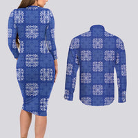 Royal Blue Palaka Quilt Hawaii Couples Matching Long Sleeve Bodycon Dress and Long Sleeve Button Shirt Traditional Hawaii-plaid Pattern - Polynesian Pride