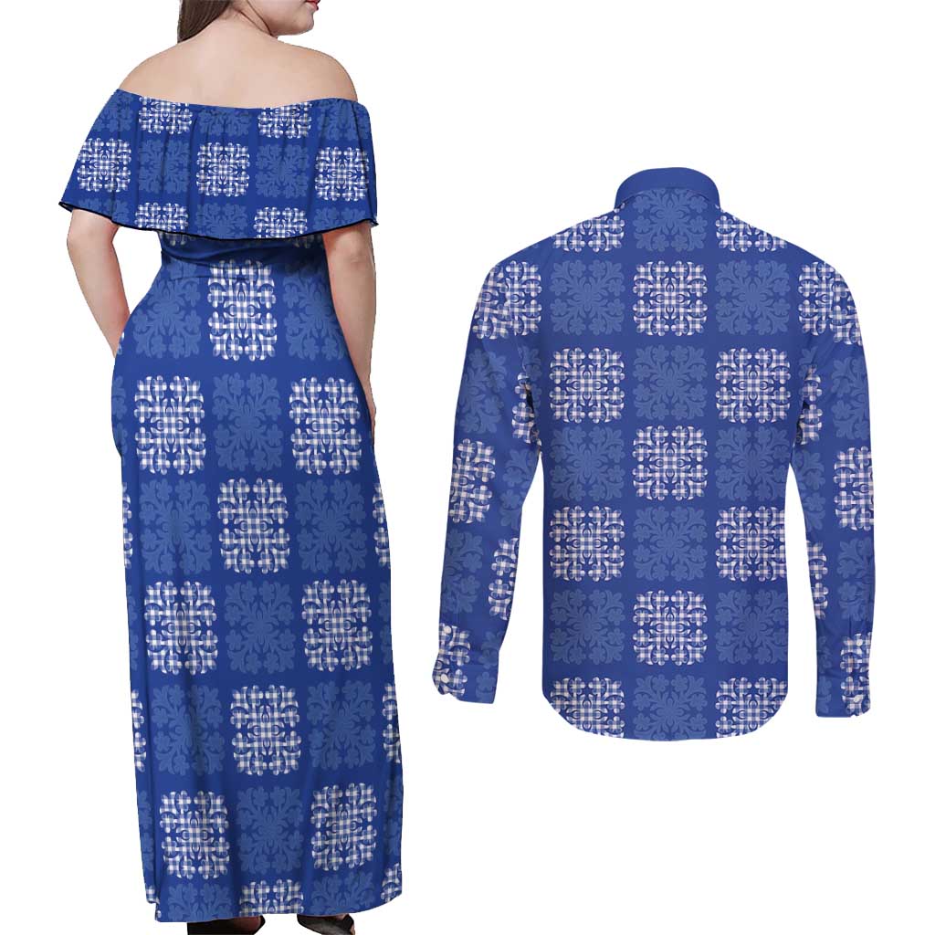Royal Blue Palaka Quilt Hawaii Couples Matching Off Shoulder Maxi Dress and Long Sleeve Button Shirt Traditional Hawaii-plaid Pattern - Polynesian Pride