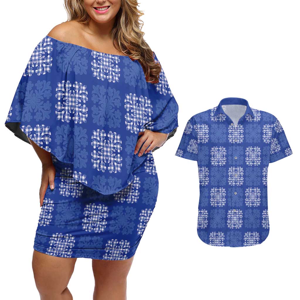 Royal Blue Palaka Quilt Hawaii Couples Matching Off Shoulder Short Dress and Hawaiian Shirt Traditional Hawaii-plaid Pattern - Polynesian Pride