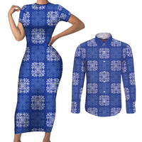 Royal Blue Palaka Quilt Hawaii Couples Matching Short Sleeve Bodycon Dress and Long Sleeve Button Shirt Traditional Hawaii-plaid Pattern - Polynesian Pride