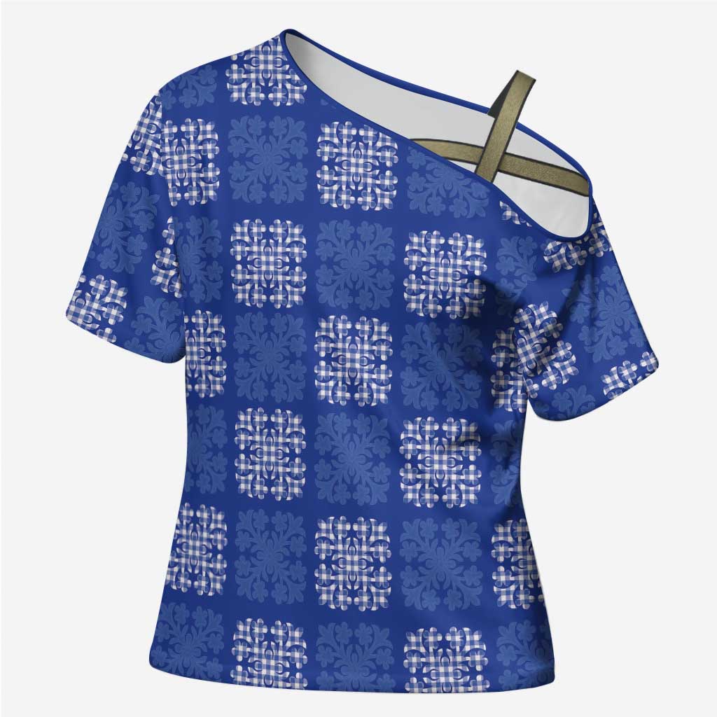 Royal Blue Palaka Quilt Hawaii Cross Shoulder Shirt Traditional Hawaii-plaid Pattern - Polynesian Pride