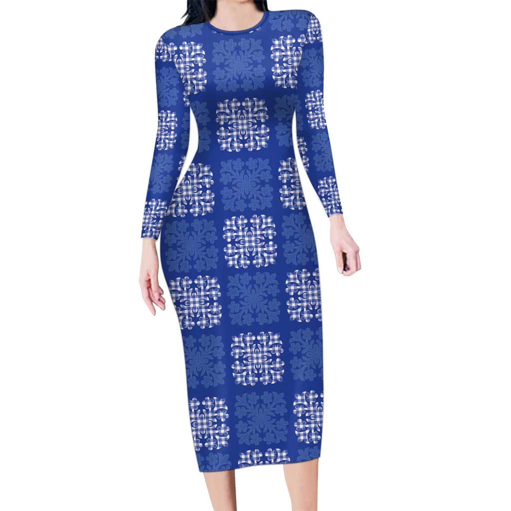 Royal Blue Palaka Quilt Hawaii Family Matching Long Sleeve Bodycon Dress and Hawaiian Shirt Traditional Hawaii-plaid Pattern - Polynesian Pride