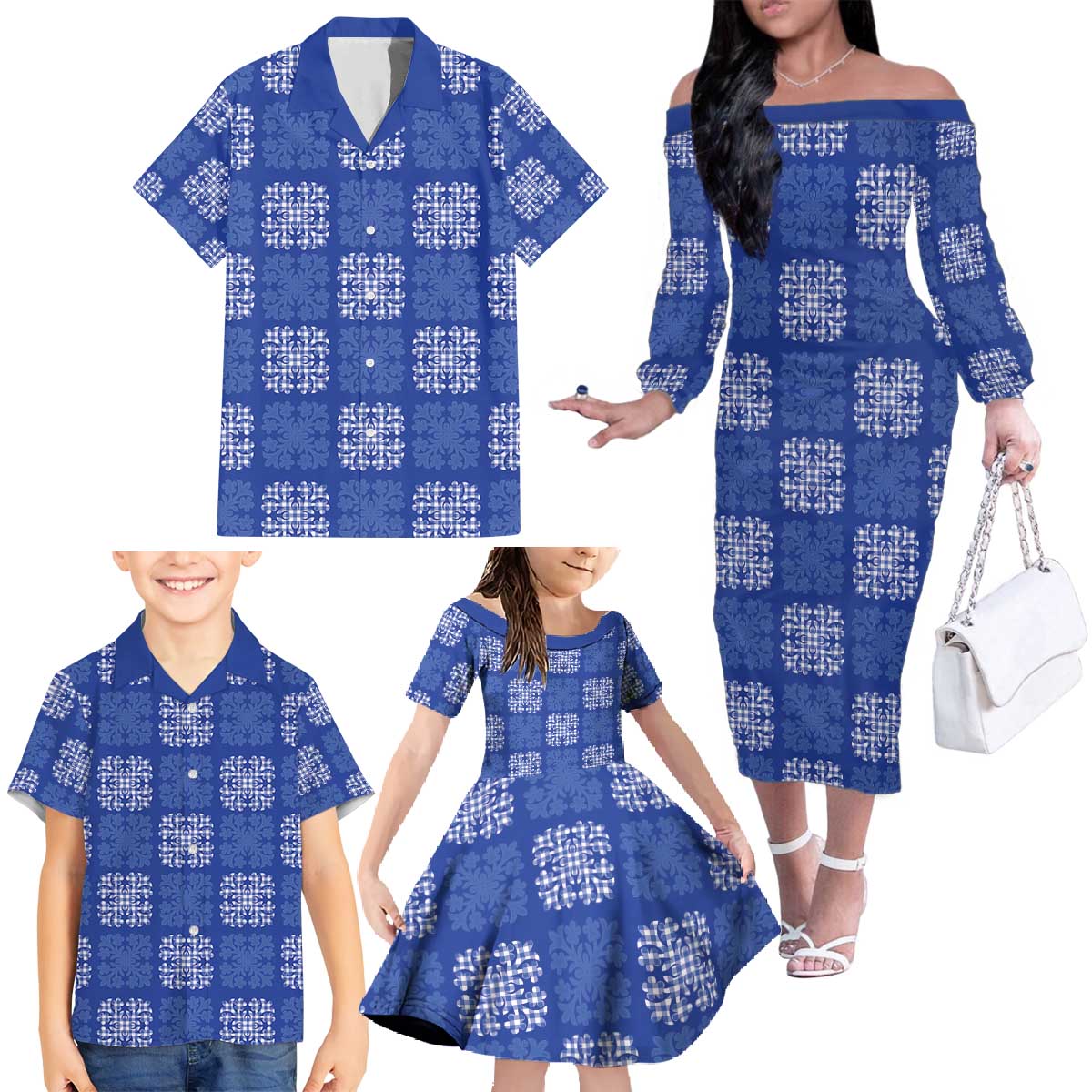 Royal Blue Palaka Quilt Hawaii Family Matching Off The Shoulder Long Sleeve Dress and Hawaiian Shirt Traditional Hawaii-plaid Pattern - Polynesian Pride