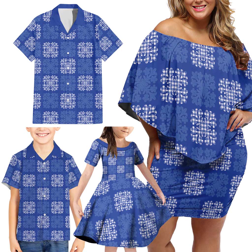 Royal Blue Palaka Quilt Hawaii Family Matching Off Shoulder Short Dress and Hawaiian Shirt Traditional Hawaii-plaid Pattern - Polynesian Pride