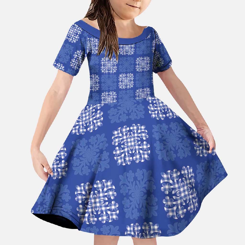 Royal Blue Palaka Quilt Hawaii Family Matching Short Sleeve Bodycon Dress and Hawaiian Shirt Traditional Hawaii-plaid Pattern - Polynesian Pride