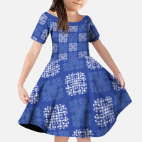 Royal Blue Palaka Quilt Hawaii Kid Short Sleeve Dress Traditional Hawaii-plaid Pattern - Polynesian Pride