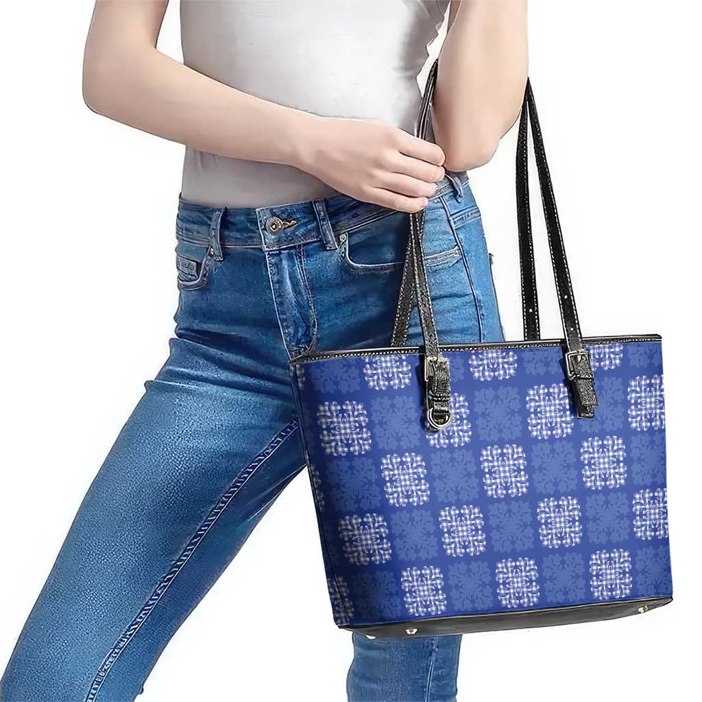 Royal Blue Palaka Quilt Hawaii Leather Tote Bag Traditional Hawaii-plaid Pattern - Polynesian Pride