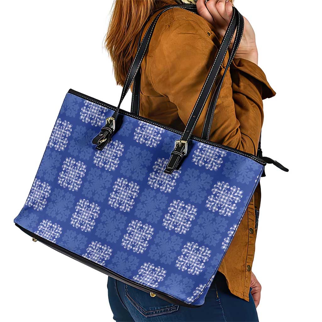 Royal Blue Palaka Quilt Hawaii Leather Tote Bag Traditional Hawaii-plaid Pattern - Polynesian Pride