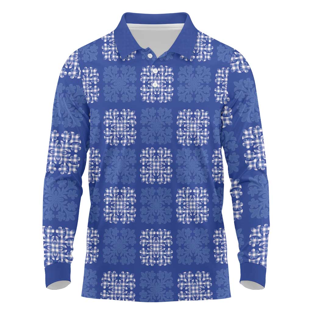 Royal Blue Palaka Quilt Hawaii Long Sleeve Polo Shirt Traditional Hawaii-plaid Pattern - Polynesian Pride