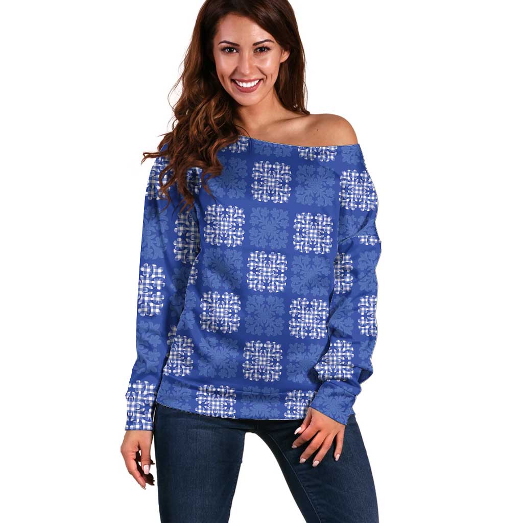Royal Blue Palaka Quilt Hawaii Off Shoulder Sweater Traditional Hawaii-plaid Pattern - Polynesian Pride