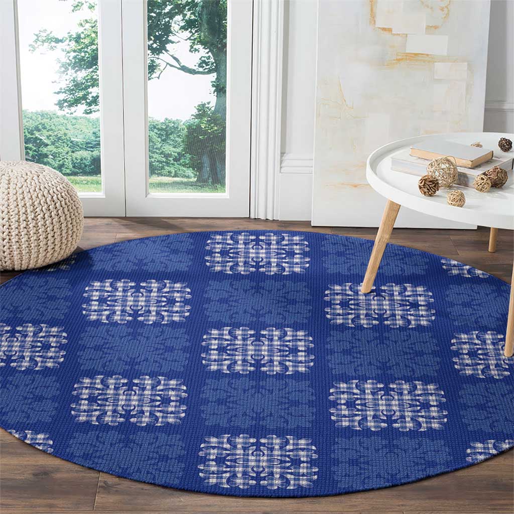 Royal Blue Palaka Quilt Hawaii Round Carpet Traditional Hawaii-plaid Pattern - Polynesian Pride