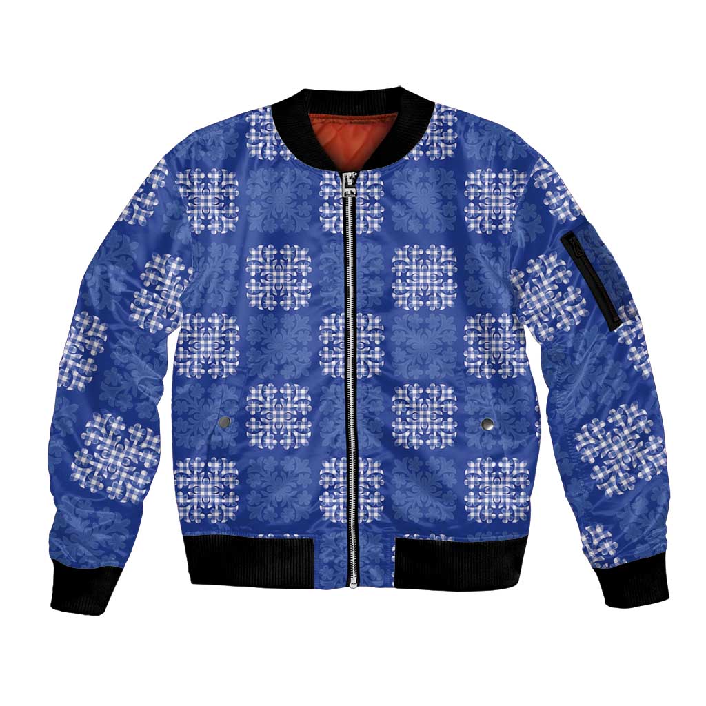 Royal Blue Palaka Quilt Hawaii Sleeve Zip Bomber Jacket Traditional Hawaii-plaid Pattern - Polynesian Pride
