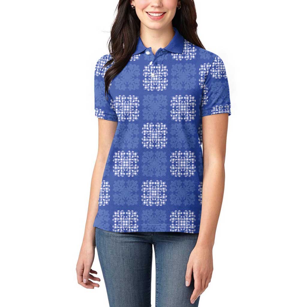 Royal Blue Palaka Quilt Hawaii Women Polo Shirt Traditional Hawaii-plaid Pattern - Polynesian Pride