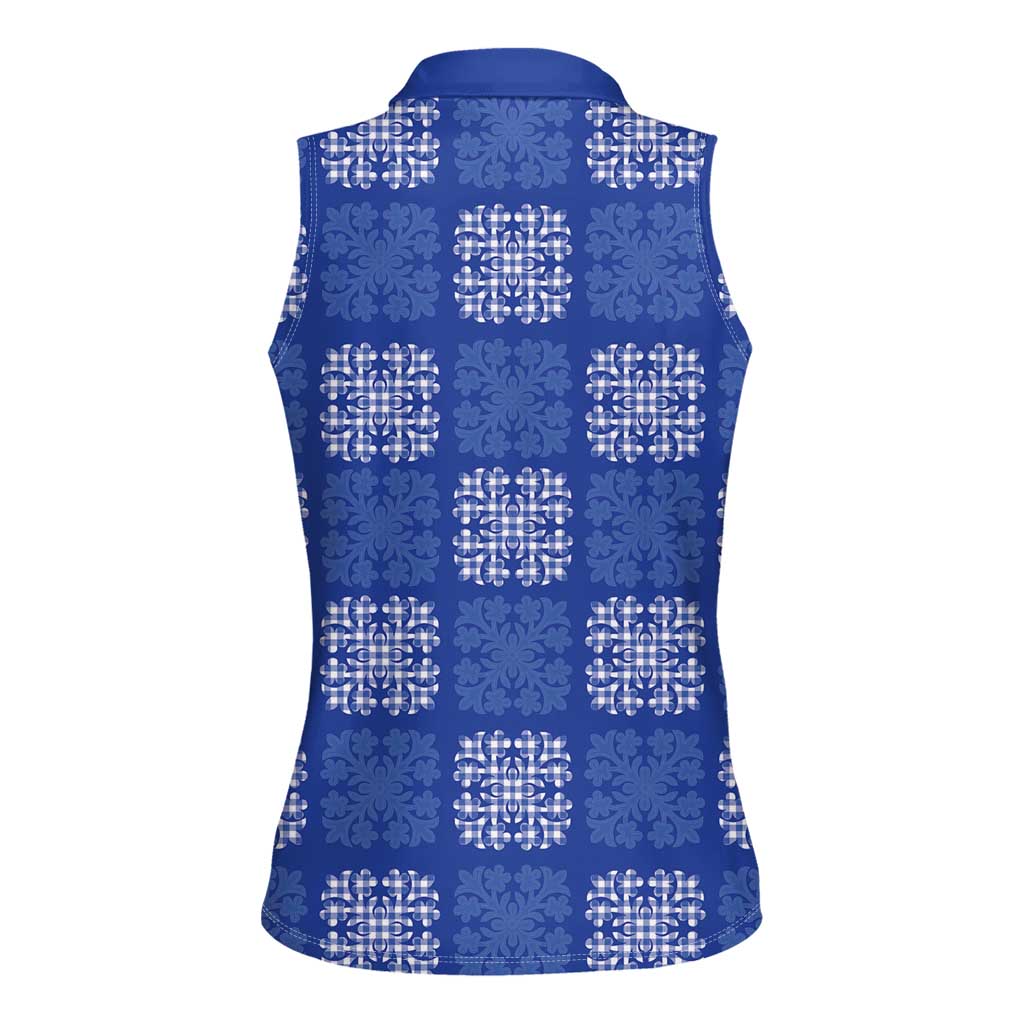 Royal Blue Palaka Quilt Hawaii Women Sleeveless Polo Shirt Traditional Hawaii-plaid Pattern - Polynesian Pride