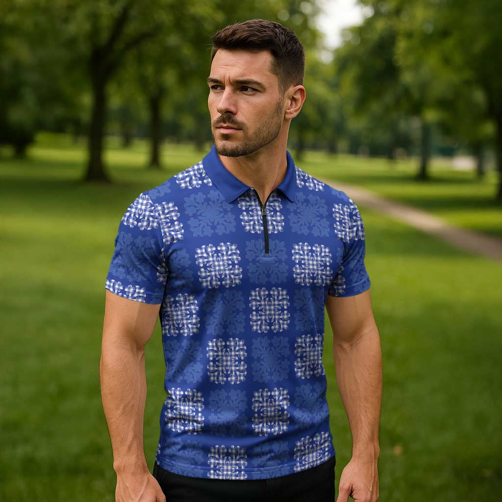 Royal Blue Palaka Quilt Hawaii Zipper Polo Shirt Traditional Hawaii-plaid Pattern - Polynesian Pride