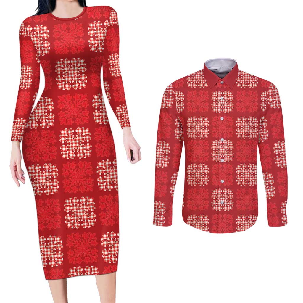 Red Palaka Quilt Hawaii Couples Matching Long Sleeve Bodycon Dress and Long Sleeve Button Shirt Traditional Hawaii-plaid Pattern - Polynesian Pride