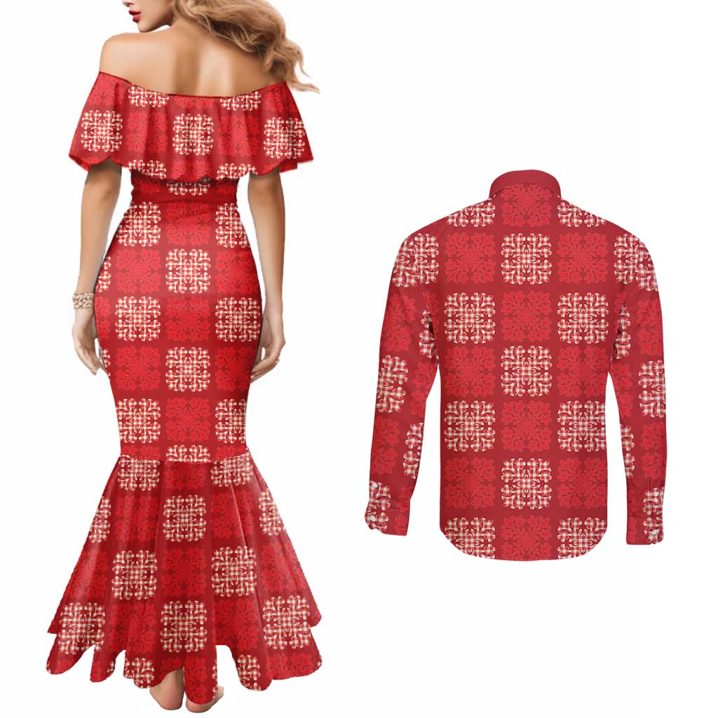 Red Palaka Quilt Hawaii Couples Matching Mermaid Dress and Long Sleeve Button Shirt Traditional Hawaii-plaid Pattern - Polynesian Pride