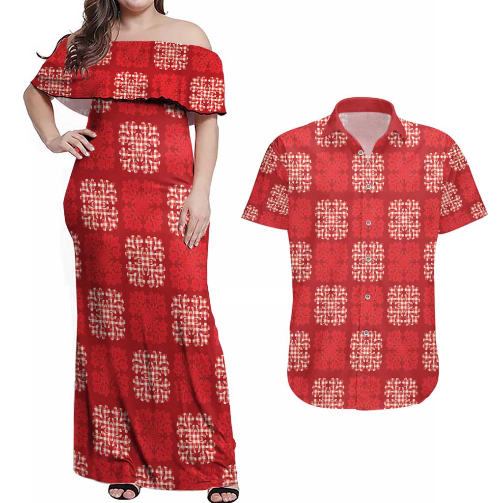 Red Palaka Quilt Hawaii Couples Matching Off Shoulder Maxi Dress and Hawaiian Shirt Traditional Hawaii-plaid Pattern - Polynesian Pride