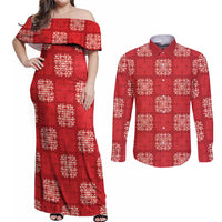 Red Palaka Quilt Hawaii Couples Matching Off Shoulder Maxi Dress and Long Sleeve Button Shirt Traditional Hawaii-plaid Pattern - Polynesian Pride