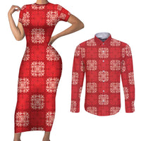 Red Palaka Quilt Hawaii Couples Matching Short Sleeve Bodycon Dress and Long Sleeve Button Shirt Traditional Hawaii-plaid Pattern - Polynesian Pride