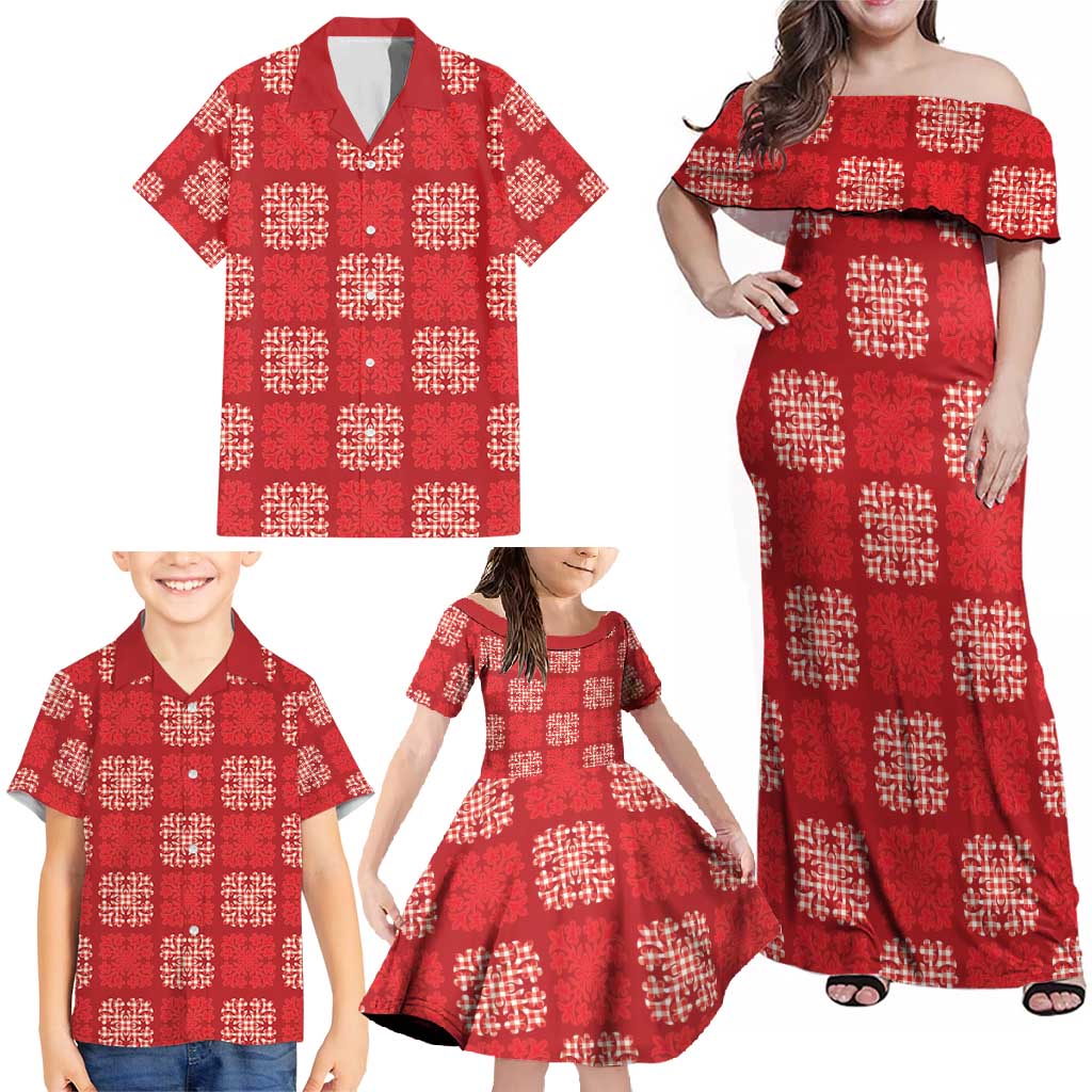 Red Palaka Quilt Hawaii Family Matching Off Shoulder Maxi Dress and Hawaiian Shirt Traditional Hawaii-plaid Pattern - Polynesian Pride