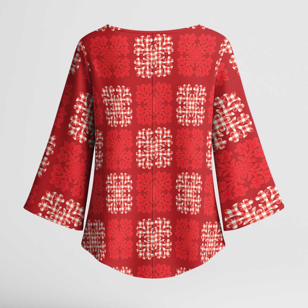 Red Palaka Quilt Hawaii Kimono Sleeve Blouse Traditional Hawaii-plaid Pattern - Polynesian Pride