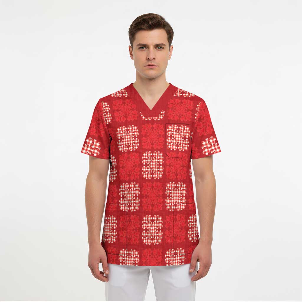 Red Palaka Quilt Hawaii Scrub Top Traditional Hawaii-plaid Pattern - Polynesian Pride