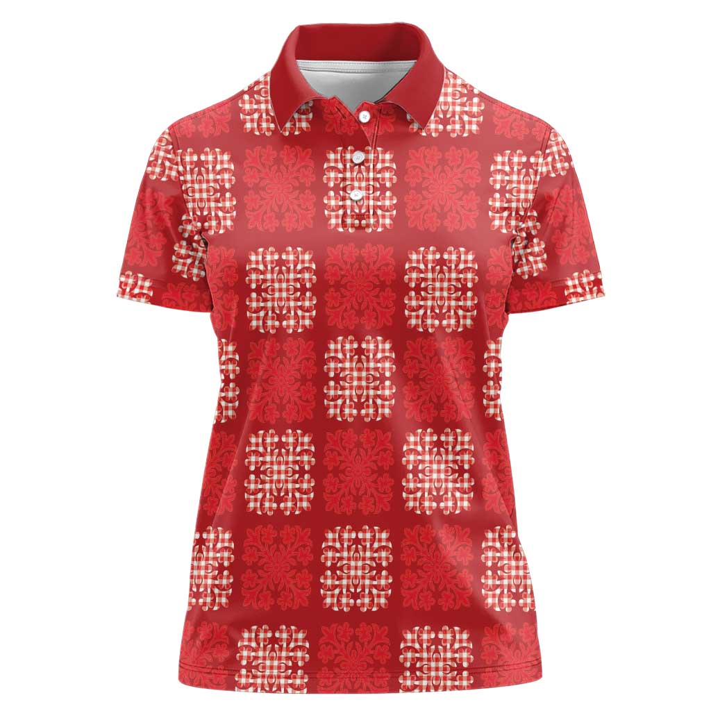 Red Palaka Quilt Hawaii Women Polo Shirt Traditional Hawaii-plaid Pattern - Polynesian Pride