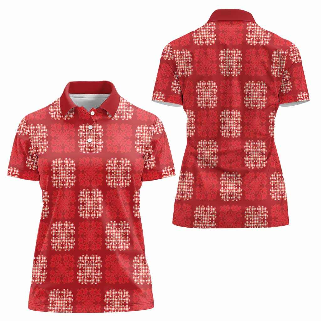 Red Palaka Quilt Hawaii Women Polo Shirt Traditional Hawaii-plaid Pattern - Polynesian Pride