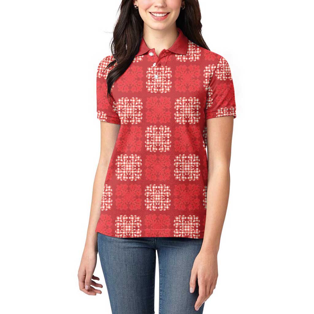 Red Palaka Quilt Hawaii Women Polo Shirt Traditional Hawaii-plaid Pattern - Polynesian Pride