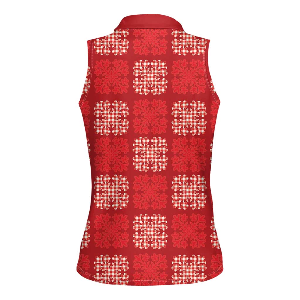 Red Palaka Quilt Hawaii Women Sleeveless Polo Shirt Traditional Hawaii-plaid Pattern - Polynesian Pride