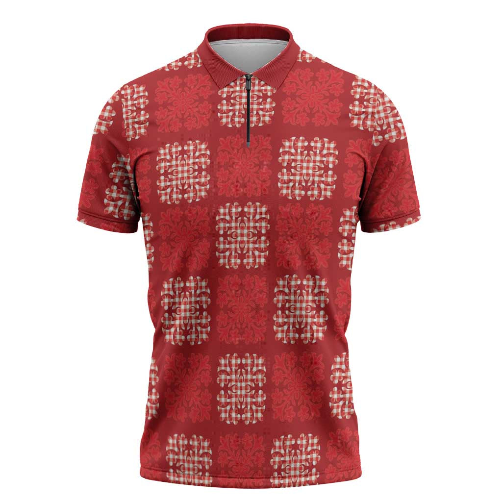 Red Palaka Quilt Hawaii Zipper Polo Shirt Traditional Hawaii-plaid Pattern - Polynesian Pride