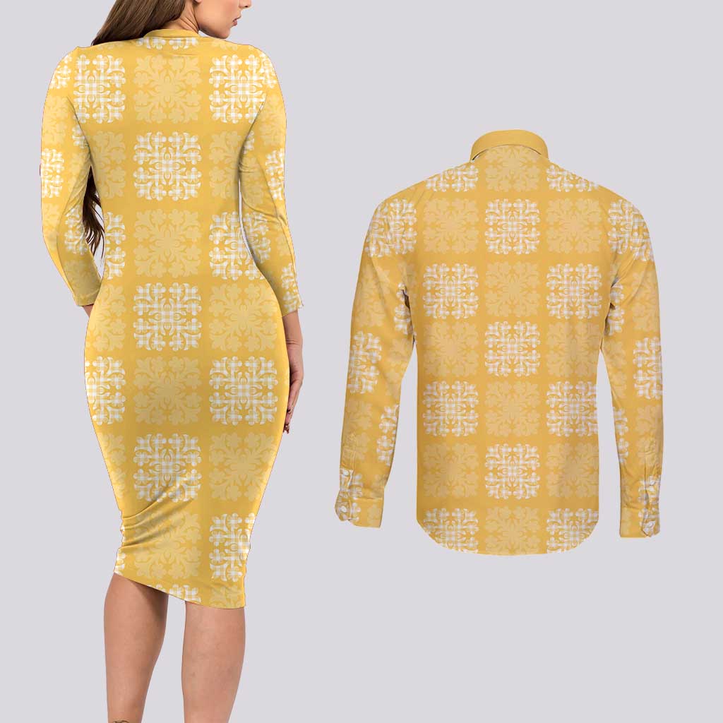 Yellow Palaka Quilt Hawaii Couples Matching Long Sleeve Bodycon Dress and Long Sleeve Button Shirt Traditional Hawaii-plaid Pattern - Polynesian Pride