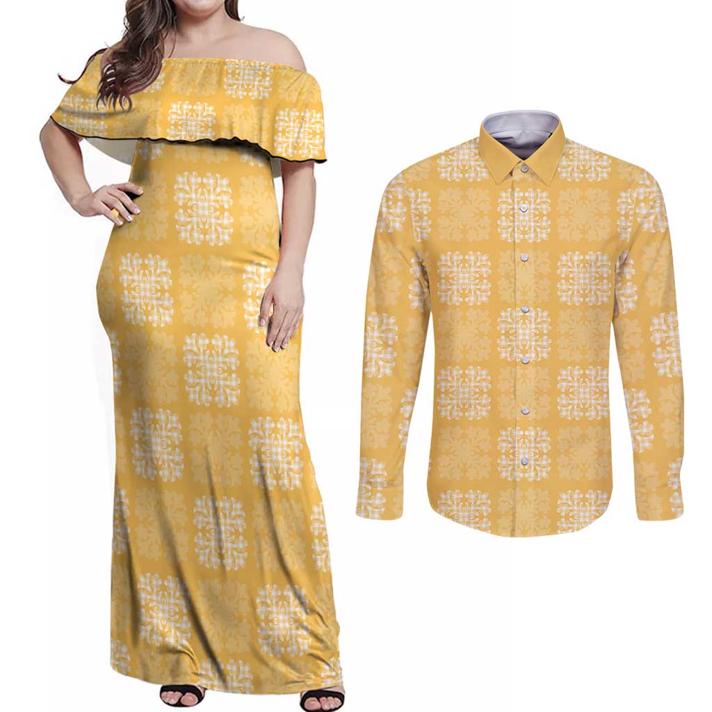 Yellow Palaka Quilt Hawaii Couples Matching Off Shoulder Maxi Dress and Long Sleeve Button Shirt Traditional Hawaii-plaid Pattern - Polynesian Pride