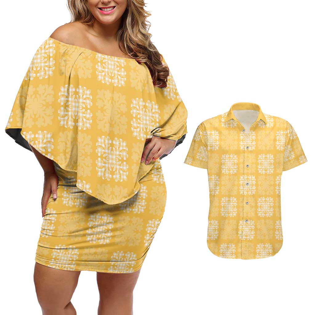 Yellow Palaka Quilt Hawaii Couples Matching Off Shoulder Short Dress and Hawaiian Shirt Traditional Hawaii-plaid Pattern - Polynesian Pride